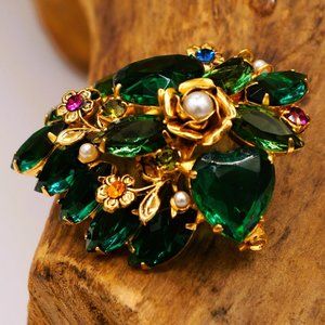 Vintage Judy Lee Style Green Hearts & Marquise Cut Crystal Glass Leaf GP Brooch